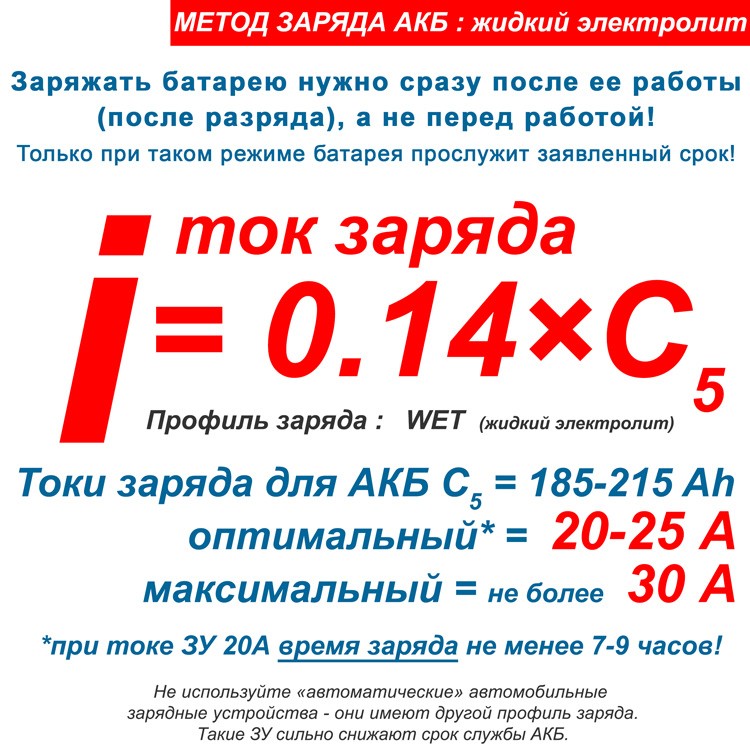 заряд АКБ с жидким электролитом (wet)